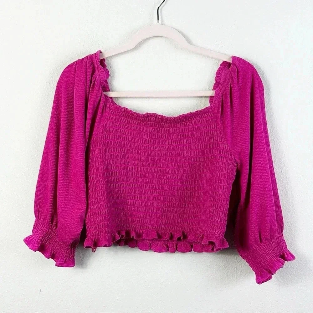 Free People Brenyce smocked  Boho top blouse ruffled sleeves jungle flower SZ M